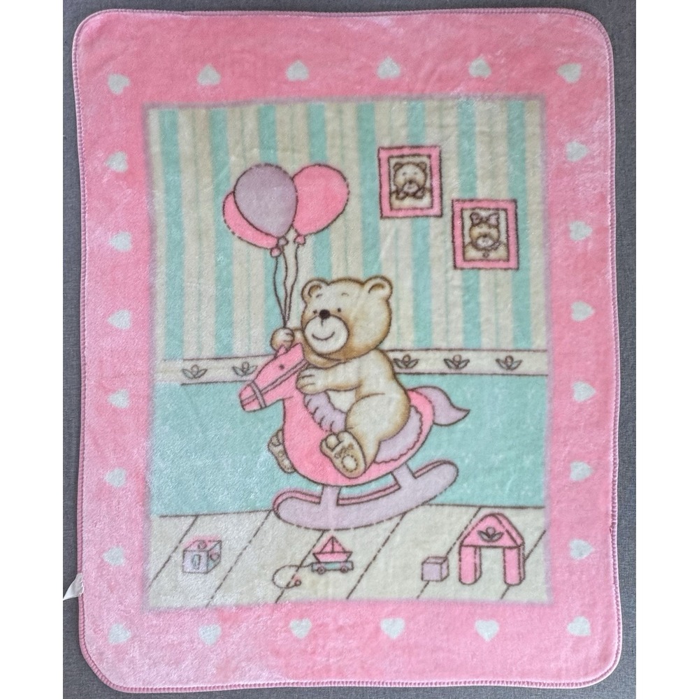 Vintage Minky Teddy Bear Nursery Baby Blanket Pink Heart Rocking Horse Plush Y2K